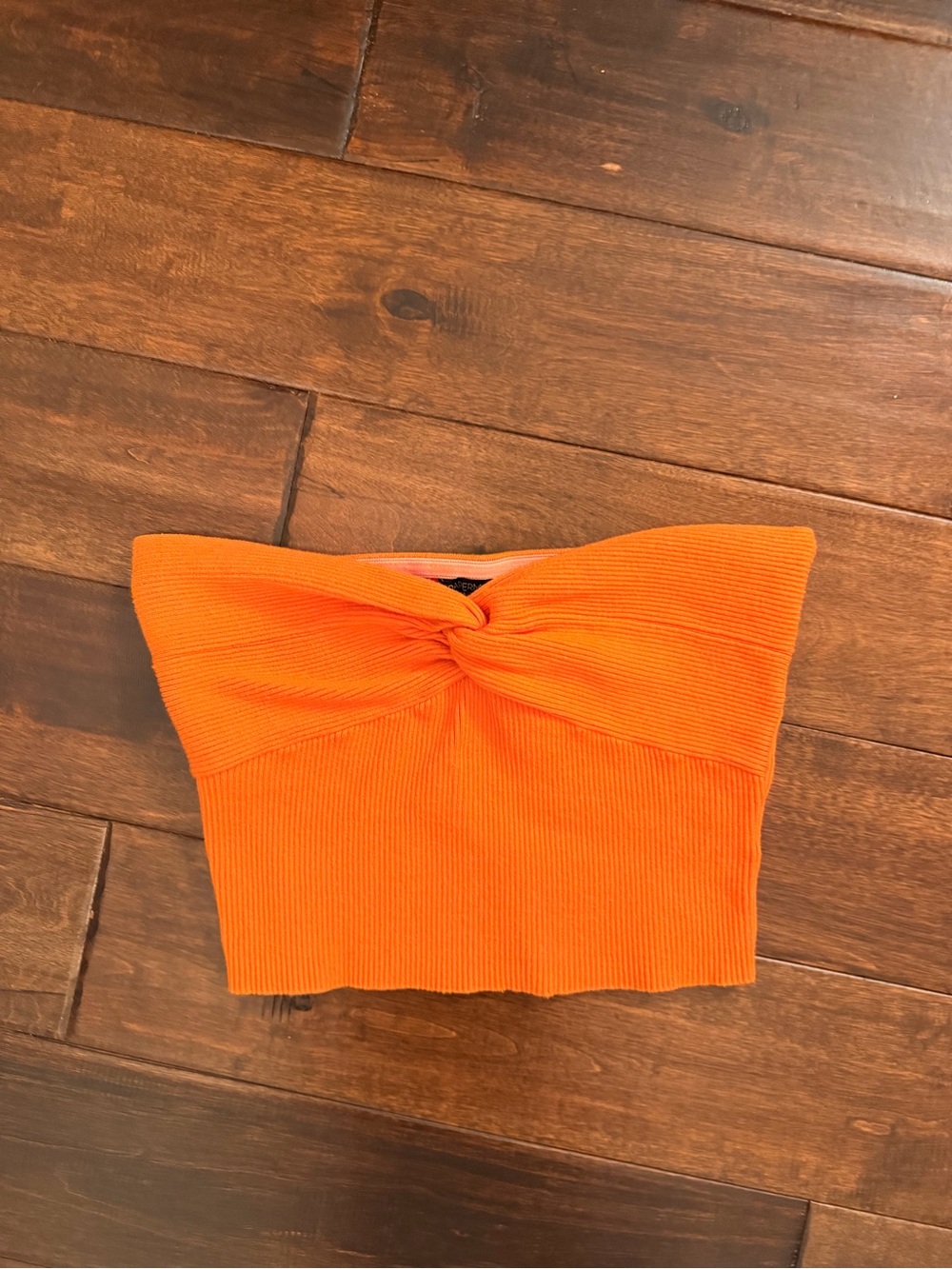 Papermoon Orange Twist-Front Ribbed Strapless Crop Top